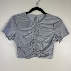 Good American Ruched Crop Tee Silver Double Layer Stretch T-Shirt Top Size 0 XS